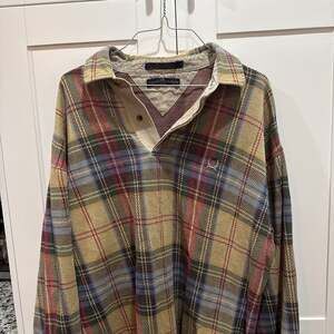 Vintage Tommy Hilfiger Plaid Long Sleeve Rugby Polo Shirt - Beige Multi, Mens XL